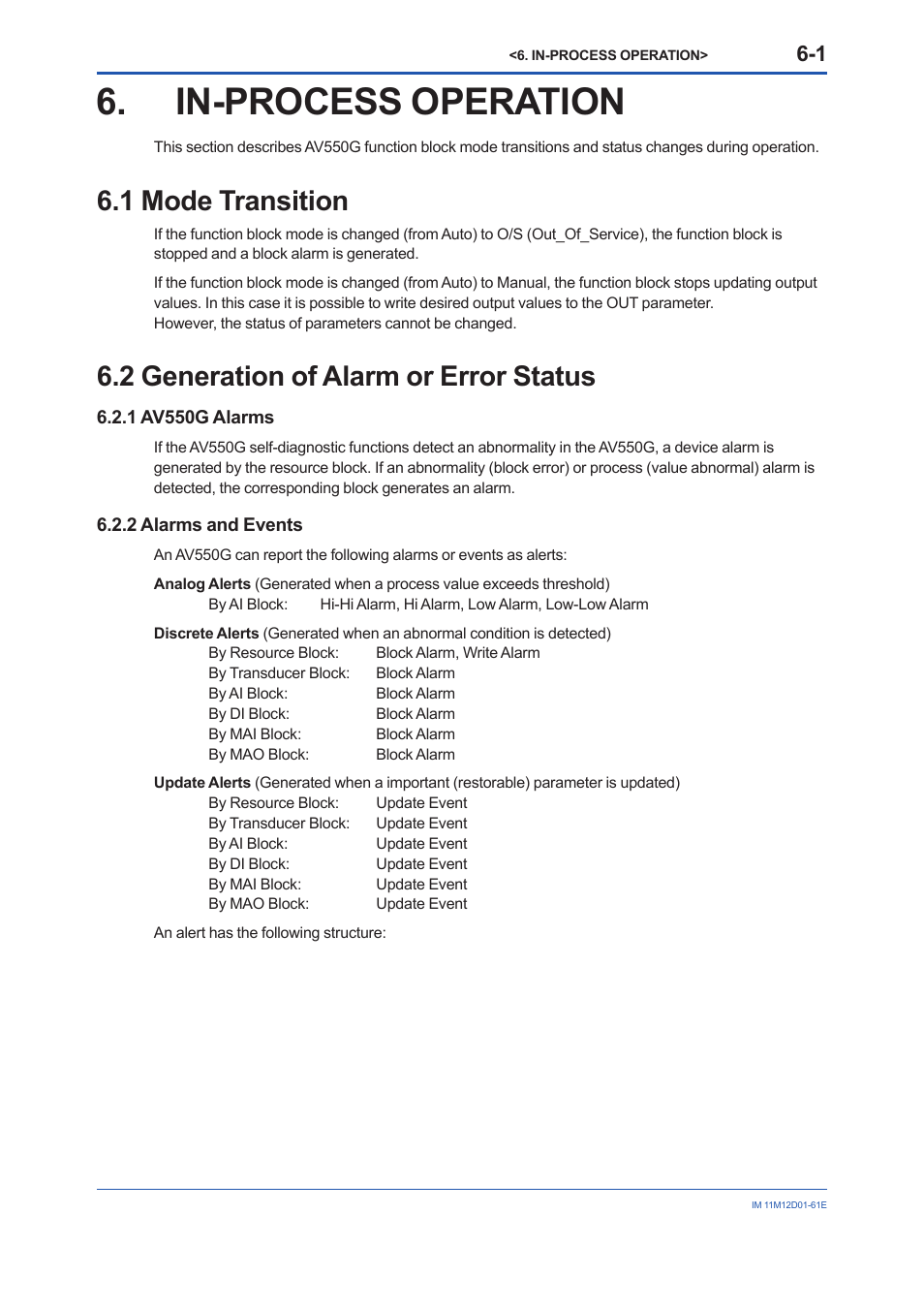 In-process operation, 1 mode transition, 2 generation of alarm or error status | In-process operation -1, Mode transition -1, Generation of alarm or error status -1 6.2.1, Av550g alarms -1 | Yokogawa Multi Channel Oxygen Analyzer System ZR22/AV550G User Manual | Page 42 / 103