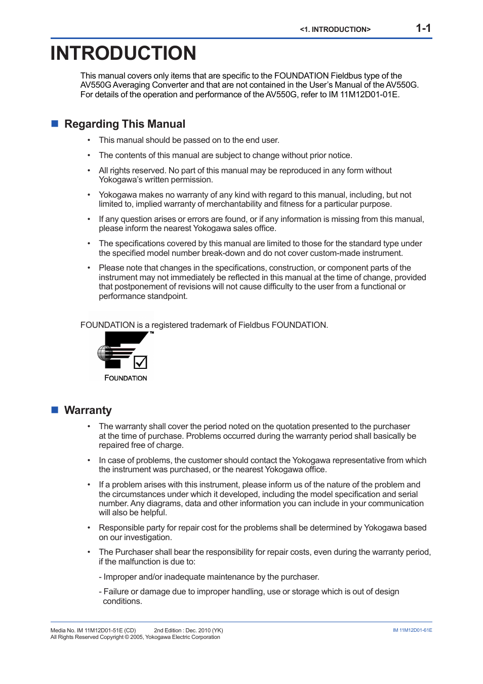 Introduction, Regarding this manual, Warranty | Regarding this manual -1, Warranty -1, Nregarding this manual, Nwarranty | Yokogawa Multi Channel Oxygen Analyzer System ZR22/AV550G User Manual | Page 6 / 103