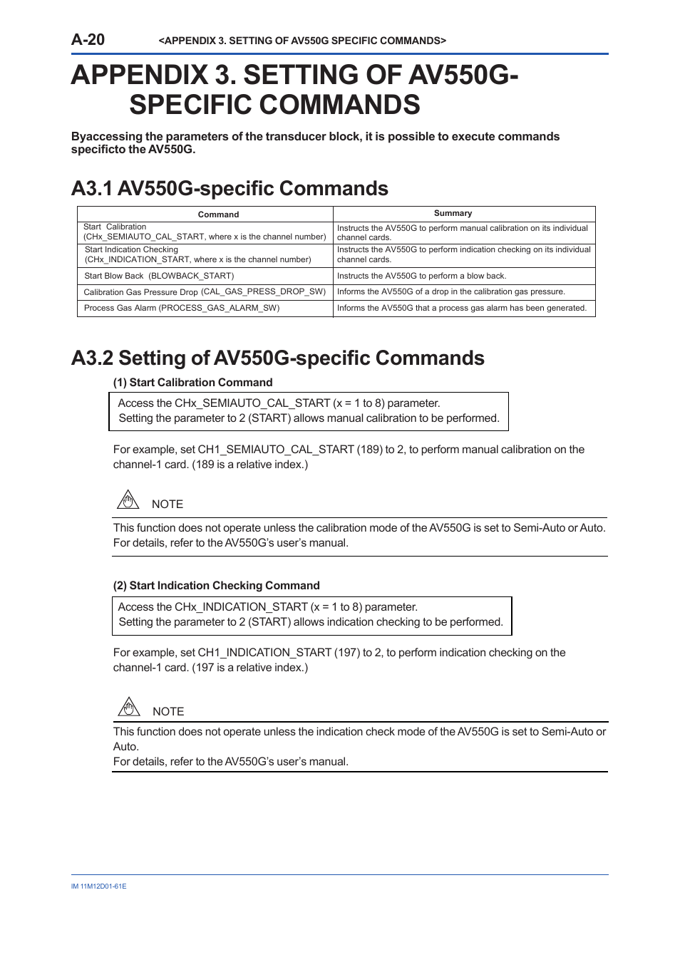 Appendix 3. setting of av550gspecificcommands, A3.1 av550g-specific commands, A3.2 setting of av550g-specific commands | A3.1, A3.2, Appendix 3. setting of av550g- specific commands, A-20 | Yokogawa Multi Channel Oxygen Analyzer System ZR22/AV550G User Manual | Page 69 / 103