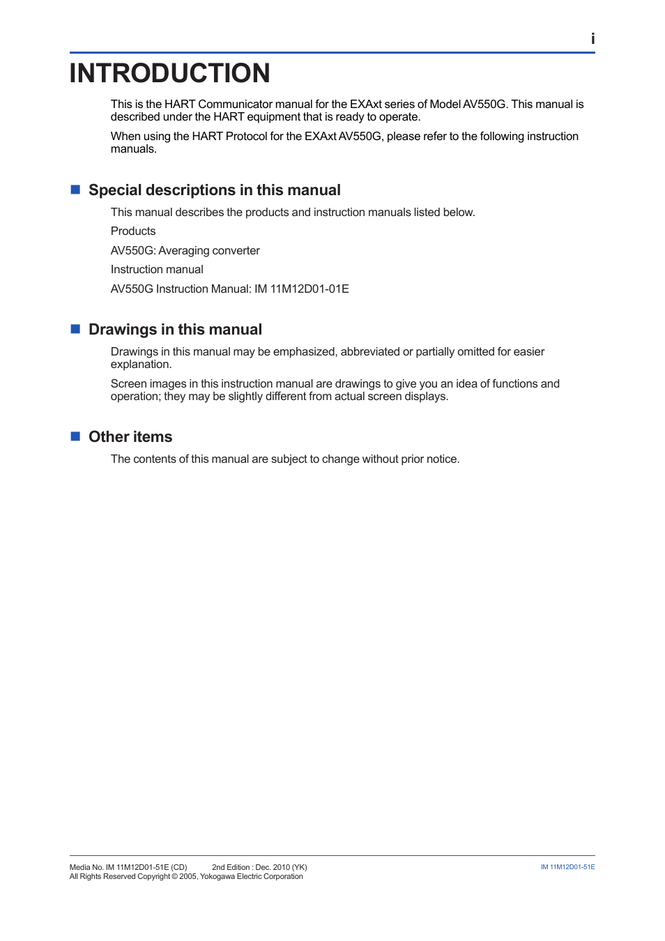 Introduction, Nspecial descriptions in this manual, Ndrawings in this manual | Nother items | Yokogawa Multi Channel Oxygen Analyzer System ZR22/AV550G User Manual | Page 2 / 37