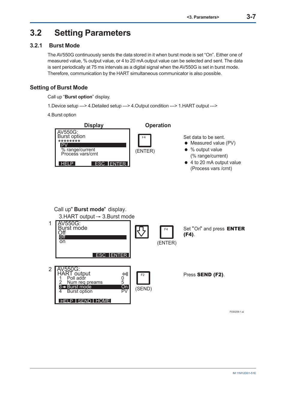 2 setting parameters, Setting parameters, Burst mode | Yokogawa Multi Channel Oxygen Analyzer System ZR22/AV550G User Manual | Page 20 / 37