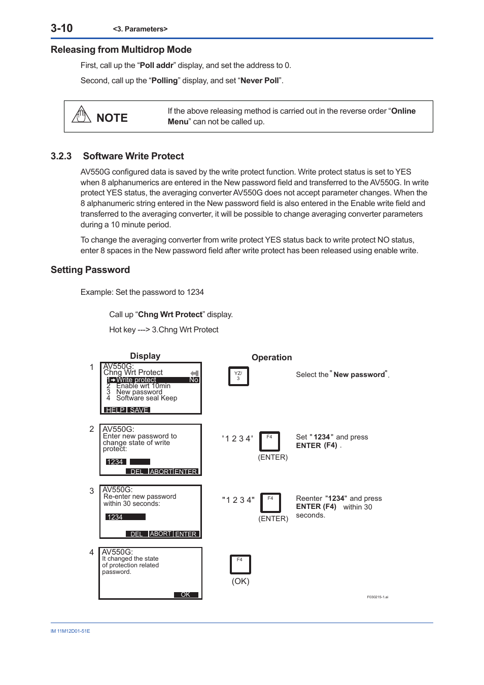 Write protection -10, Releasing from multidrop mode, 3 software write protect | Setting password | Yokogawa Multi Channel Oxygen Analyzer System ZR22/AV550G User Manual | Page 23 / 37