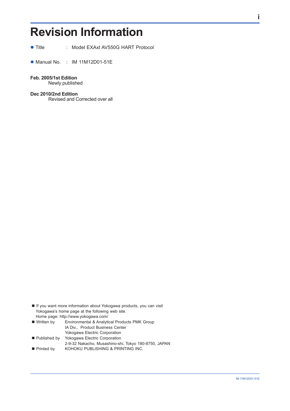 Revision information | Yokogawa Multi Channel Oxygen Analyzer System ZR22/AV550G User Manual | Page 36 / 37