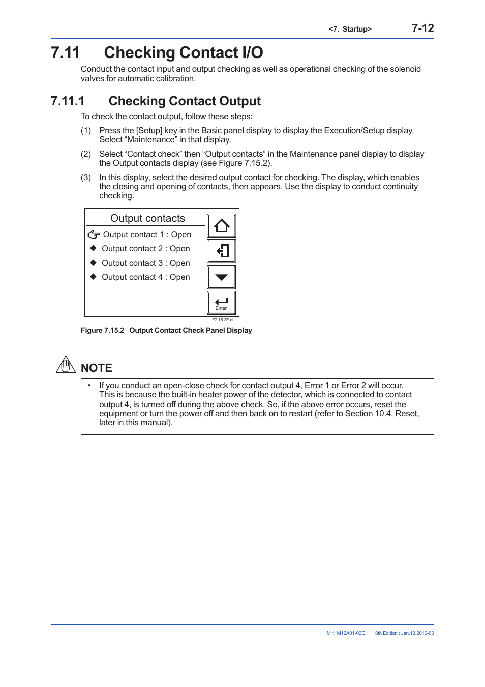 11 checking contact i/o, 1 checking contact output, Checking contact i/o -12 7.11.1 | Checking contact output -12, Output contacts | Yokogawa Integral Oxygen Analyzer ZR202 User Manual | Page 100 / 190