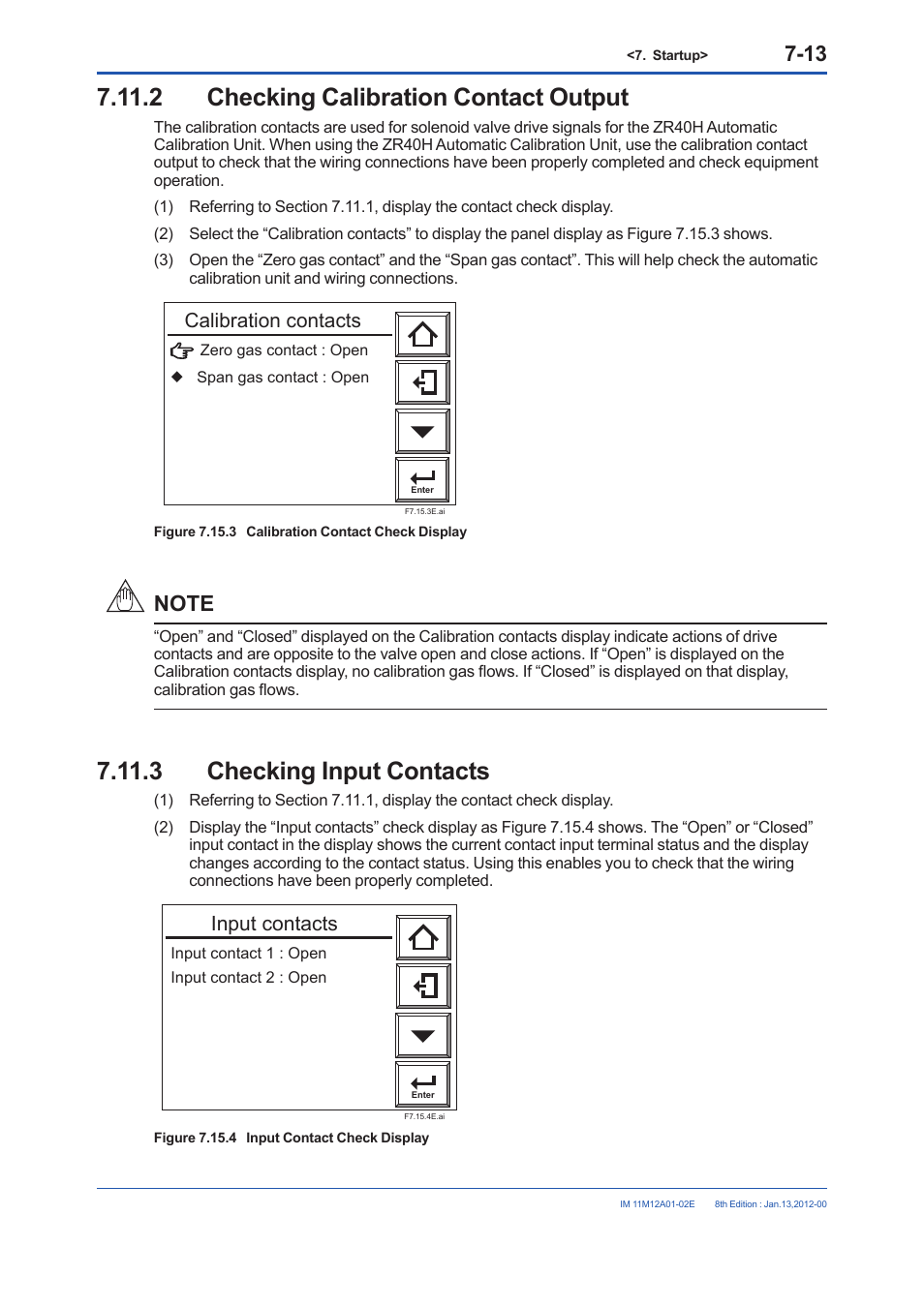 2 checking calibration contact output, 3 checking input contacts, Checking calibration contact output -13 | Checking input contacts -13, Input contacts, Calibration contacts | Yokogawa Integral Oxygen Analyzer ZR202 User Manual | Page 101 / 190