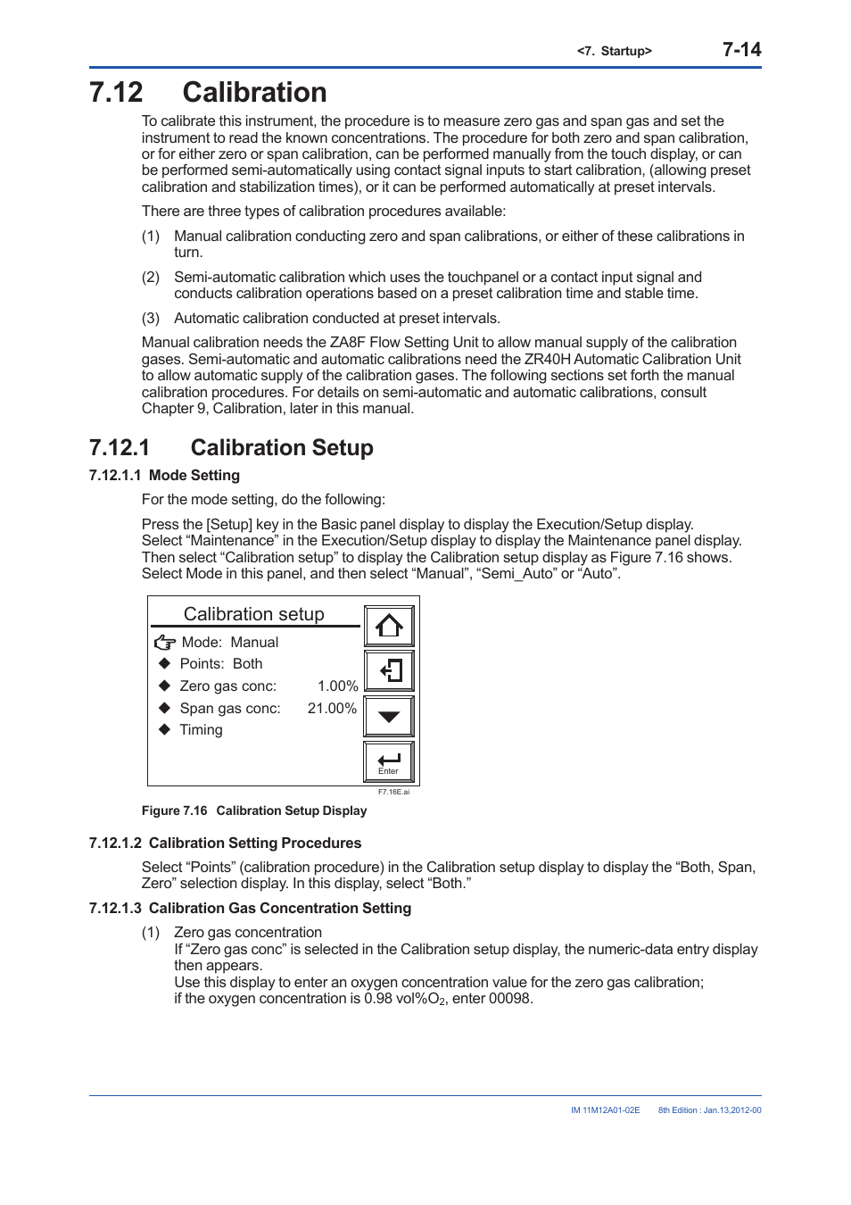 12 calibration, 1 calibration setup, Calibration -14 7.12.1 calibration setup -14 | Calibration setup | Yokogawa Integral Oxygen Analyzer ZR202 User Manual | Page 102 / 190