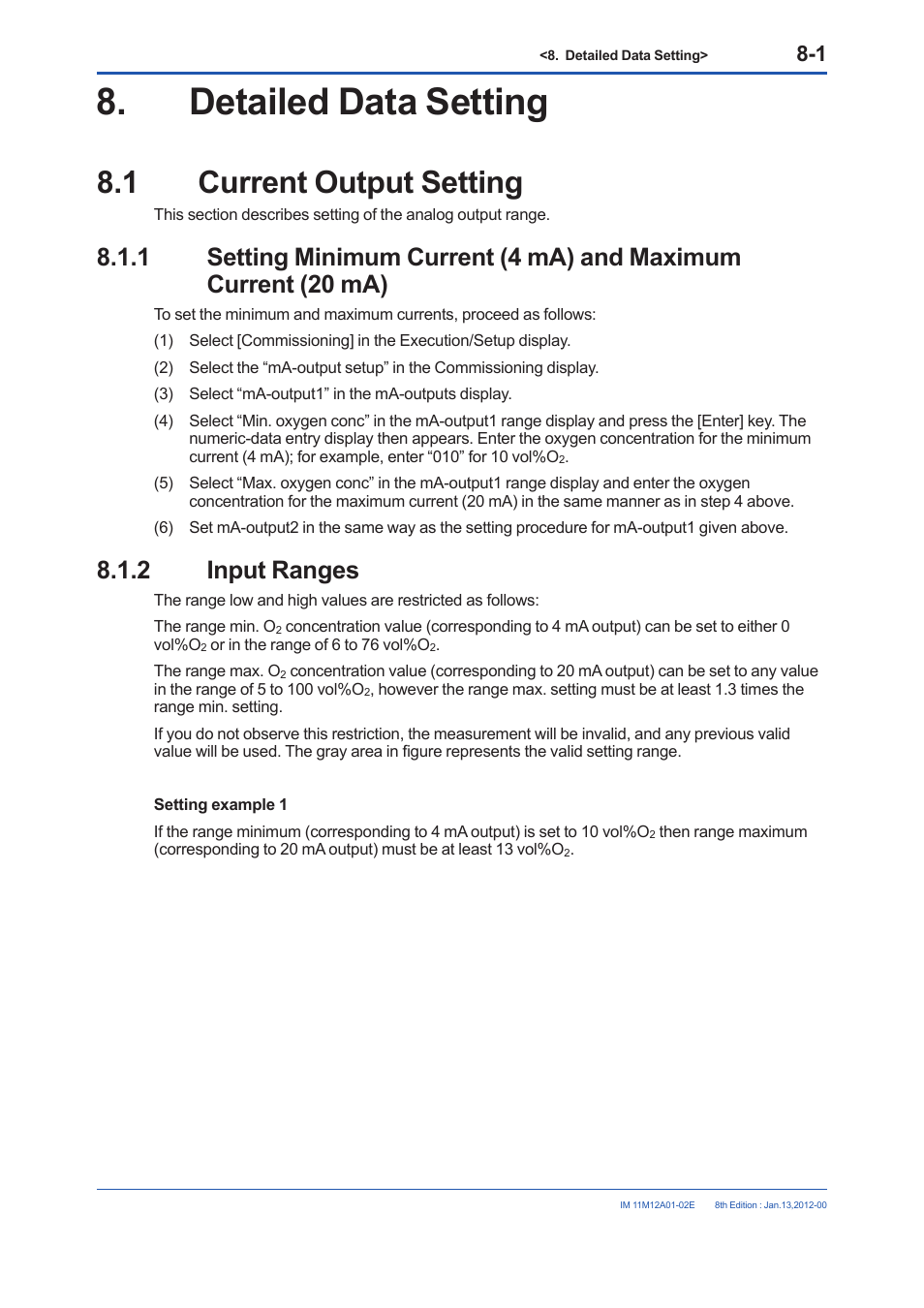 Detailed data setting, 1 current output setting, 2 input ranges | Detailed data setting -1, Current output setting -1 8.1.1, Input ranges -1 | Yokogawa Integral Oxygen Analyzer ZR202 User Manual | Page 107 / 190