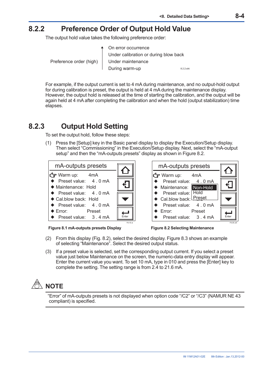2 preference order of output hold value, 3 output hold setting, Preference order of output hold value -4 | Output hold setting -4, Ma-outputs presets | Yokogawa Integral Oxygen Analyzer ZR202 User Manual | Page 110 / 190