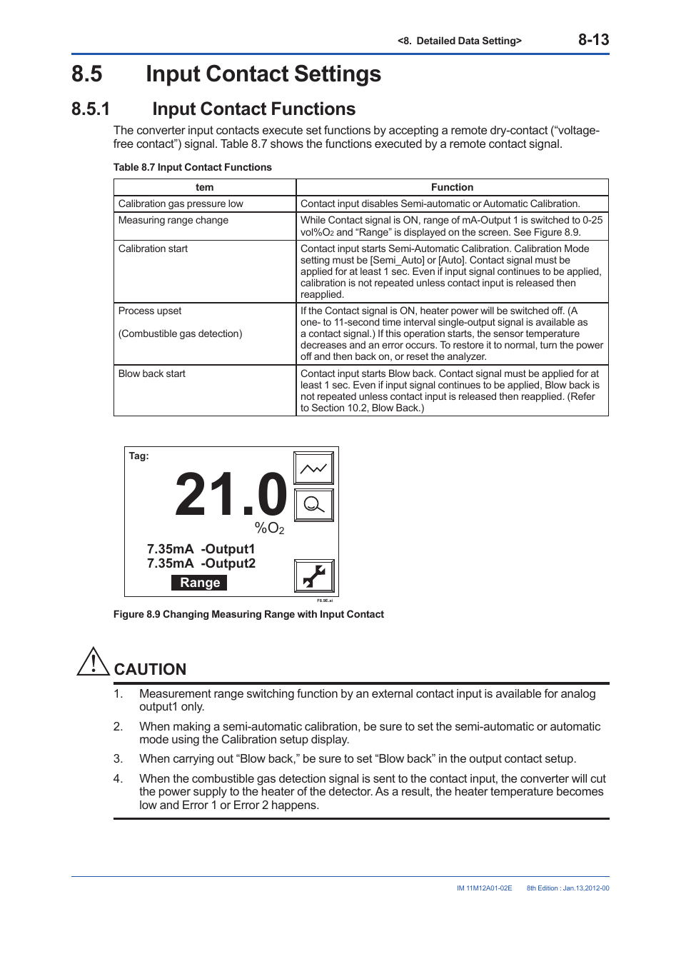 5 input contact settings, 1 input contact functions, Input contact settings -13 8.5.1 | Input contact functions -13, Caution | Yokogawa Integral Oxygen Analyzer ZR202 User Manual | Page 119 / 190