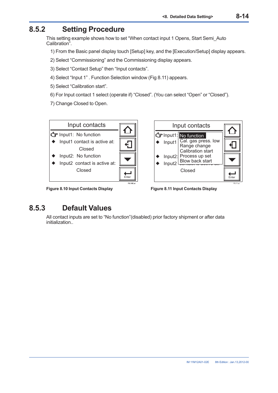 2 setting procedure, 3 default values, Setting procedure -14 | Default values -14, Input contacts | Yokogawa Integral Oxygen Analyzer ZR202 User Manual | Page 120 / 190