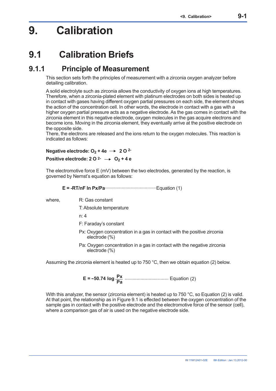 Calibration, 1 calibration briefs, 1 principle of measurement | Calibration -1, Calibration briefs -1 9.1.1, Principle of measurement -1 | Yokogawa Integral Oxygen Analyzer ZR202 User Manual | Page 129 / 190