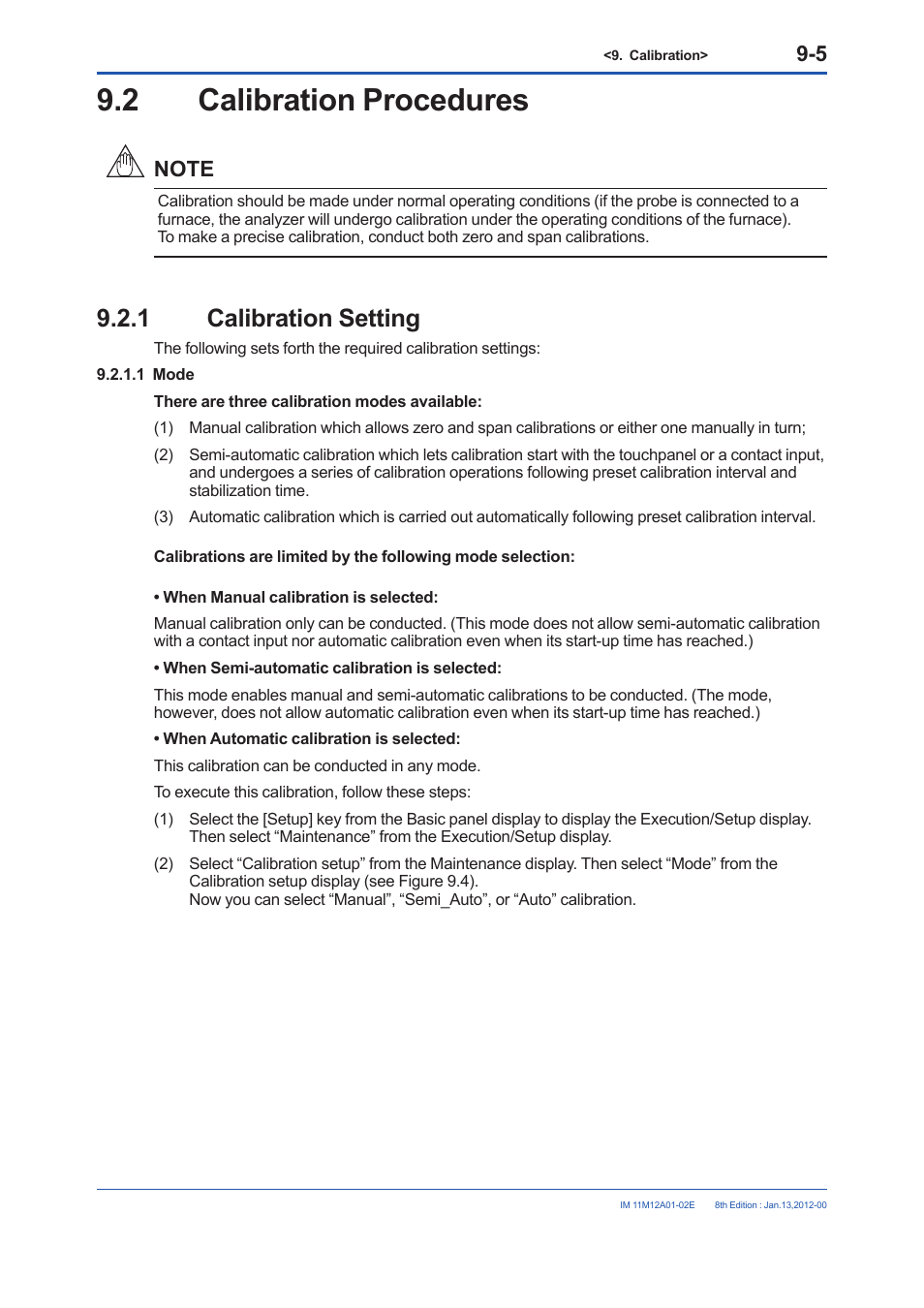 2 calibration procedures, 1 calibration setting, Calibration procedures -5 9.2.1 | Calibration setting -5 | Yokogawa Integral Oxygen Analyzer ZR202 User Manual | Page 133 / 190