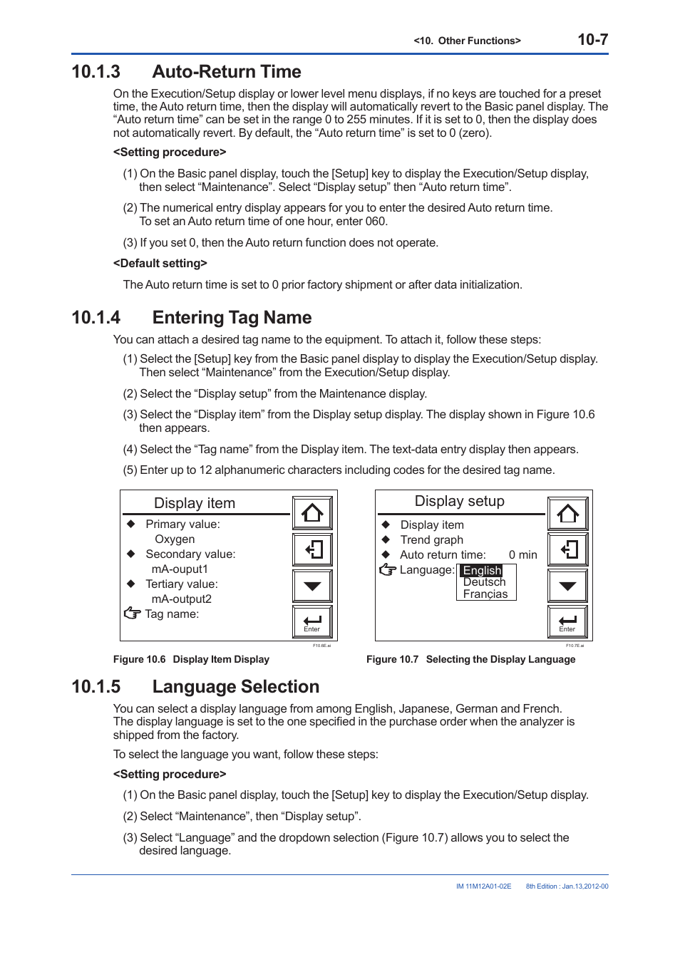 3 auto-return time, 4 entering tag name, 5 language selection | Display item, Display setup | Yokogawa Integral Oxygen Analyzer ZR202 User Manual | Page 145 / 190