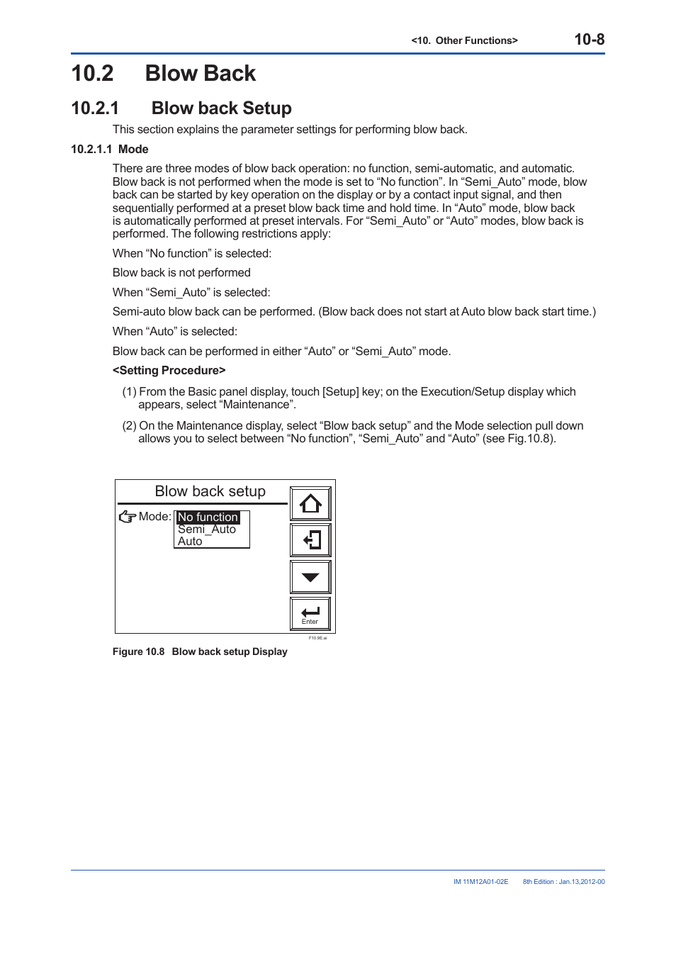 2 blow back, 1 blow back setup, Blow back -8 10.2.1 blow back setup -8 | Blow back setup | Yokogawa Integral Oxygen Analyzer ZR202 User Manual | Page 146 / 190