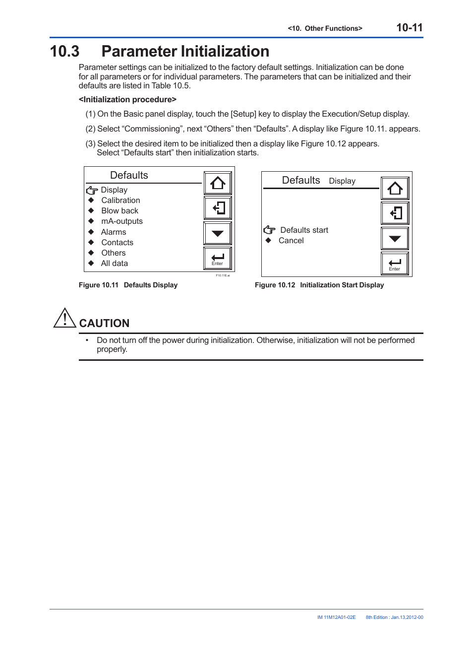 3 parameter initialization, Parameter initialization -11, Caution | Defaults | Yokogawa Integral Oxygen Analyzer ZR202 User Manual | Page 149 / 190