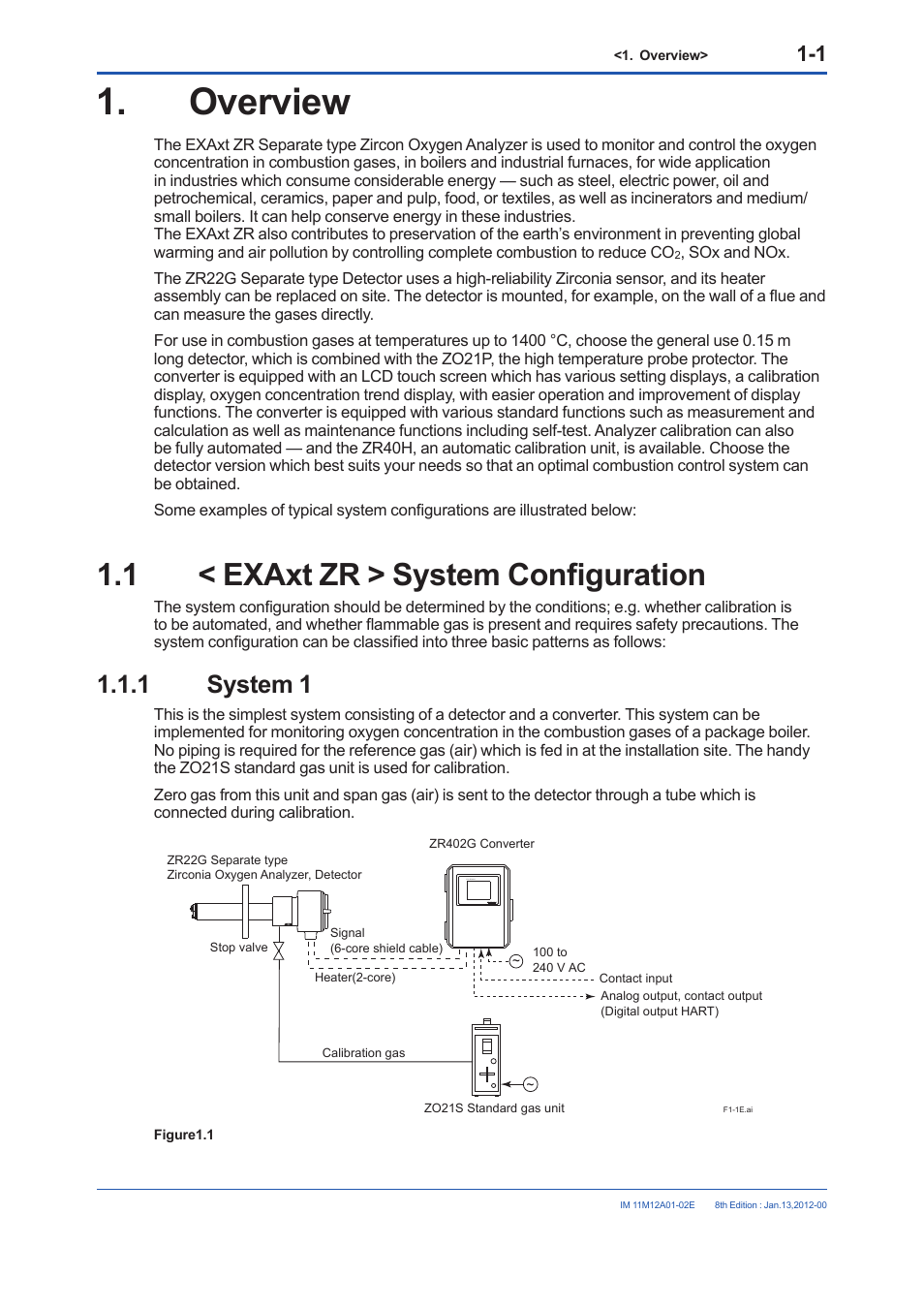 Overview, 1 < exaxt zr > system configuration, 1 system 1 | Overview -1, Exaxt zr > system configuration -1 1.1.1, System 1 -1 | Yokogawa Integral Oxygen Analyzer ZR202 User Manual | Page 15 / 190