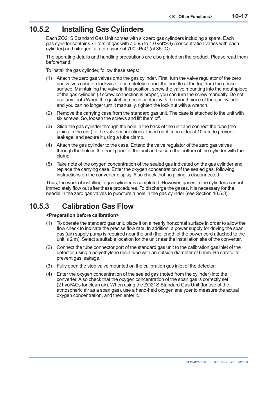 2 installing gas cylinders, 3 calibration gas flow | Yokogawa Integral Oxygen Analyzer ZR202 User Manual | Page 155 / 190