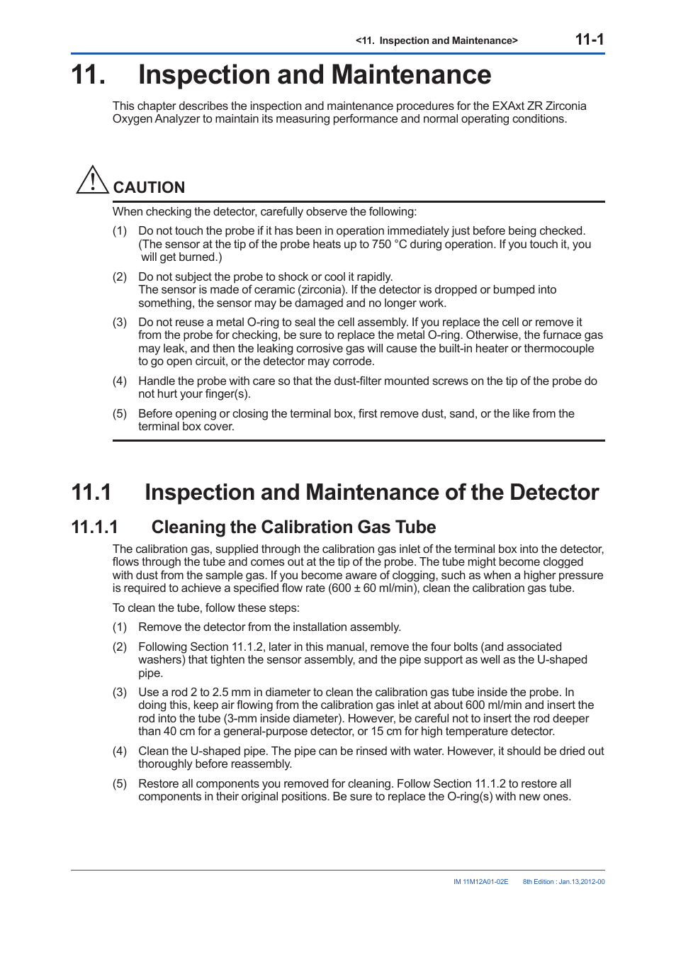 Inspection and maintenance, 1 inspection and maintenance of the detector, 1 cleaning the calibration gas tube | Inspection and maintenance -1, Cleaning the calibration gas tube -1, Caution | Yokogawa Integral Oxygen Analyzer ZR202 User Manual | Page 161 / 190