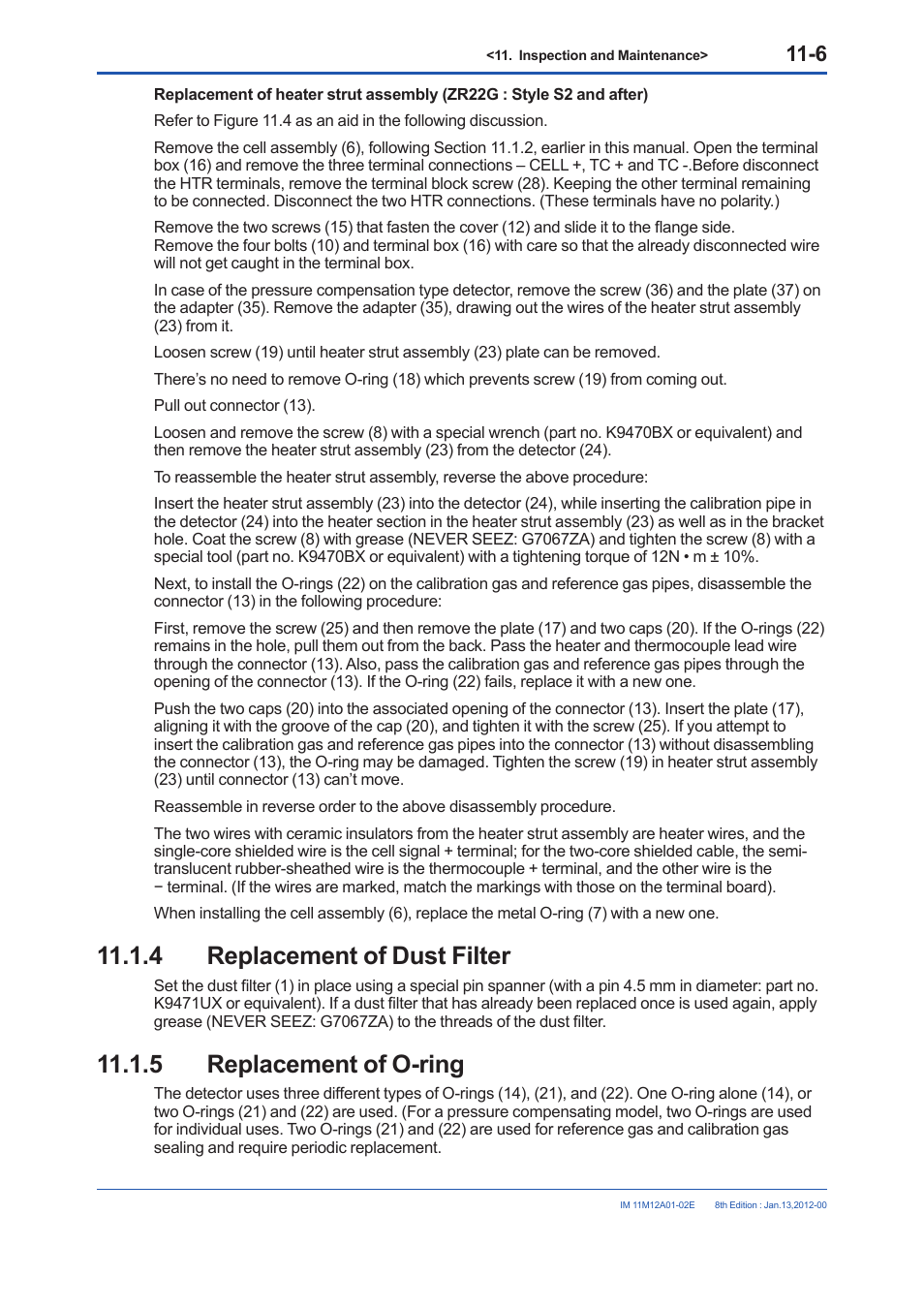 4 replacement of dust filter, 5 replacement of o-ring, Replacement of dust filter -6 | Replacement of o-ring -6 | Yokogawa Integral Oxygen Analyzer ZR202 User Manual | Page 166 / 190