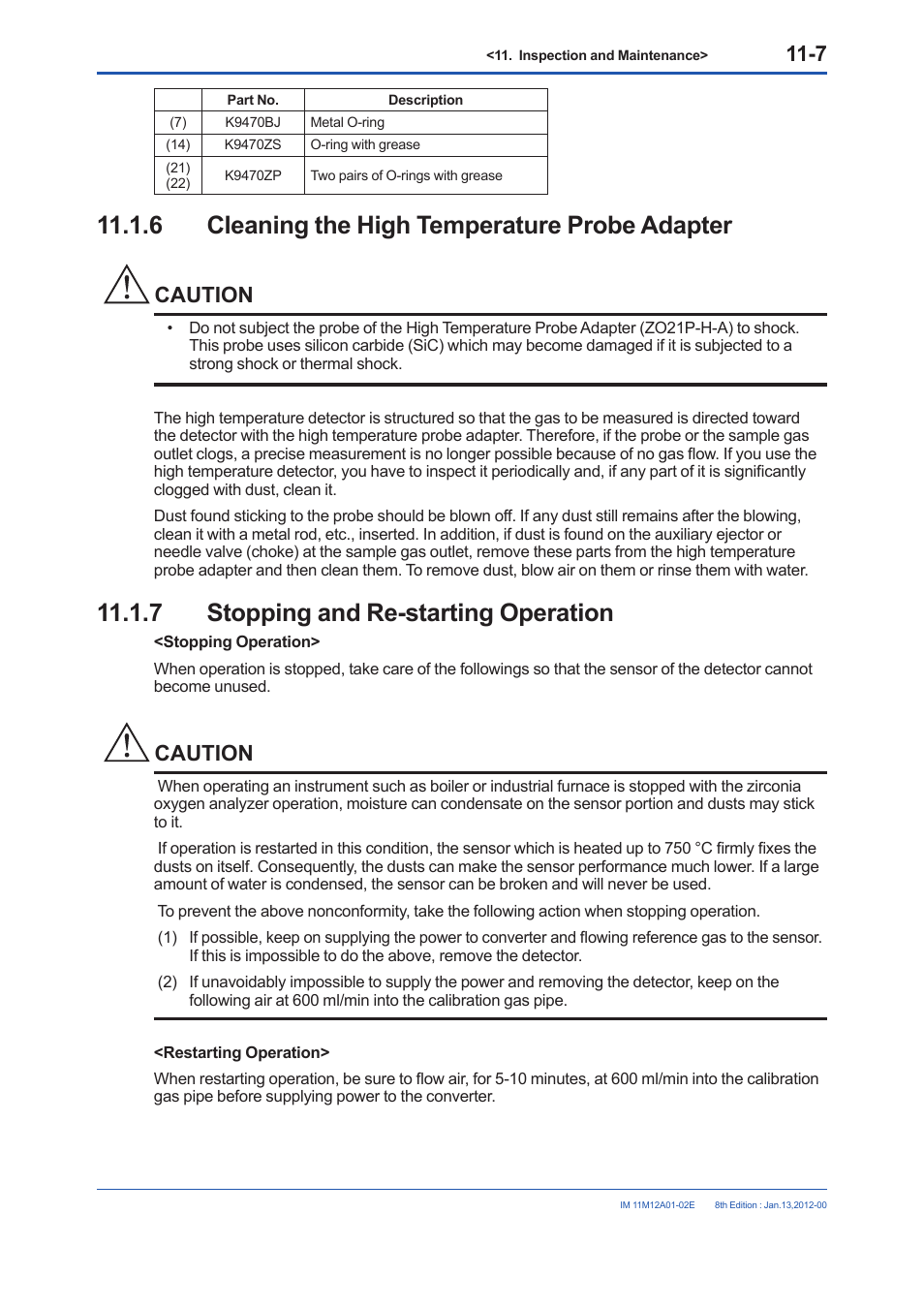 6 cleaning the high temperature probe adapter, 7 stopping and re-starting operation, Cleaning the high temperature probe adapter -7 | Stopping and re-starting operation -7, Caution | Yokogawa Integral Oxygen Analyzer ZR202 User Manual | Page 167 / 190
