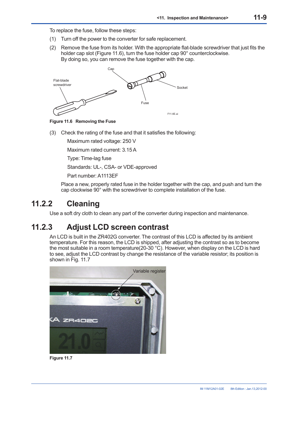 2 cleaning, 3 adjust lcd screen contrast, Cleaning -9 | Adjust lcd screen contrast -9 | Yokogawa Integral Oxygen Analyzer ZR202 User Manual | Page 169 / 190