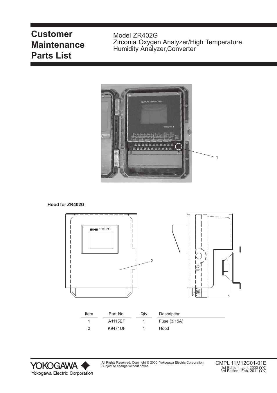 Customer maintenance parts list cmpl 11m12c01-01e, Customer maintenance parts list | Yokogawa Integral Oxygen Analyzer ZR202 User Manual | Page 184 / 190