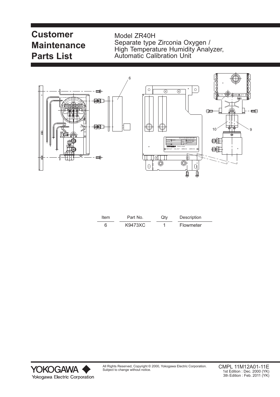 Customer maintenance parts list cmpl 11m12a01-11e, Customer maintenance parts list | Yokogawa Integral Oxygen Analyzer ZR202 User Manual | Page 185 / 190