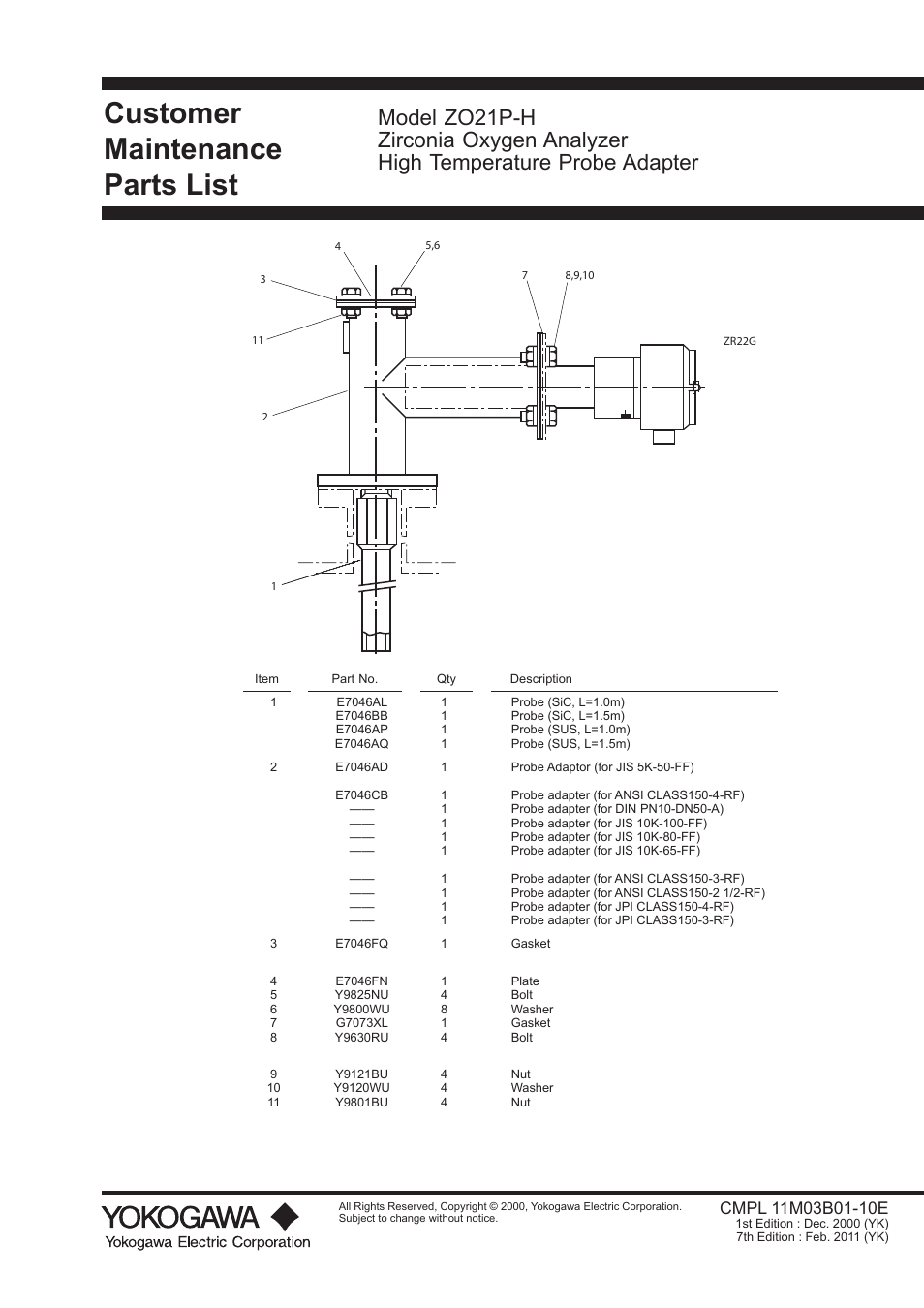Customer maintenance parts list cmpl 11m03b01-10e, Customer maintenance parts list | Yokogawa Integral Oxygen Analyzer ZR202 User Manual | Page 186 / 190