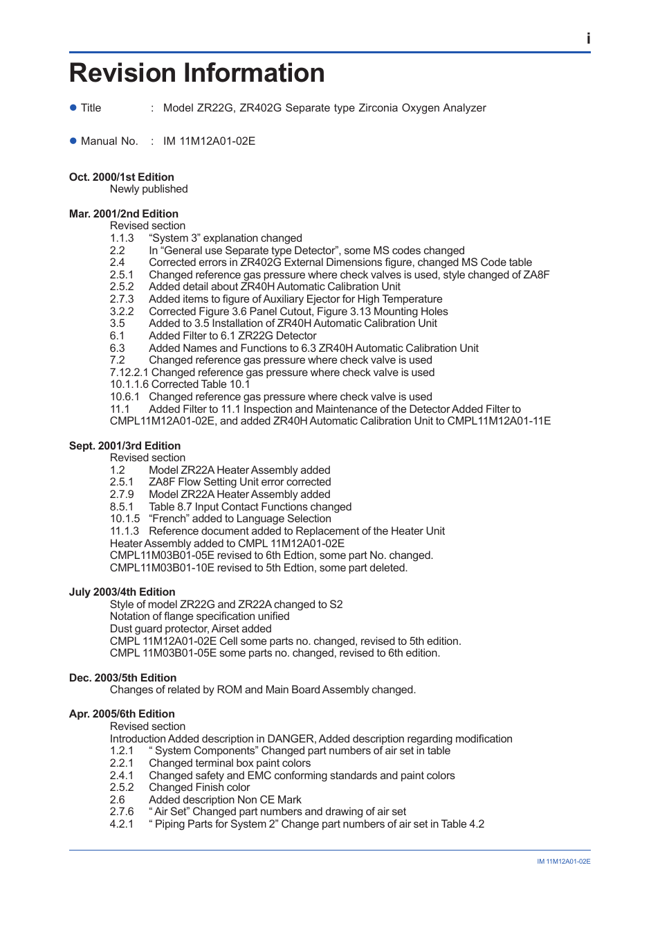 Revision information | Yokogawa Integral Oxygen Analyzer ZR202 User Manual | Page 189 / 190