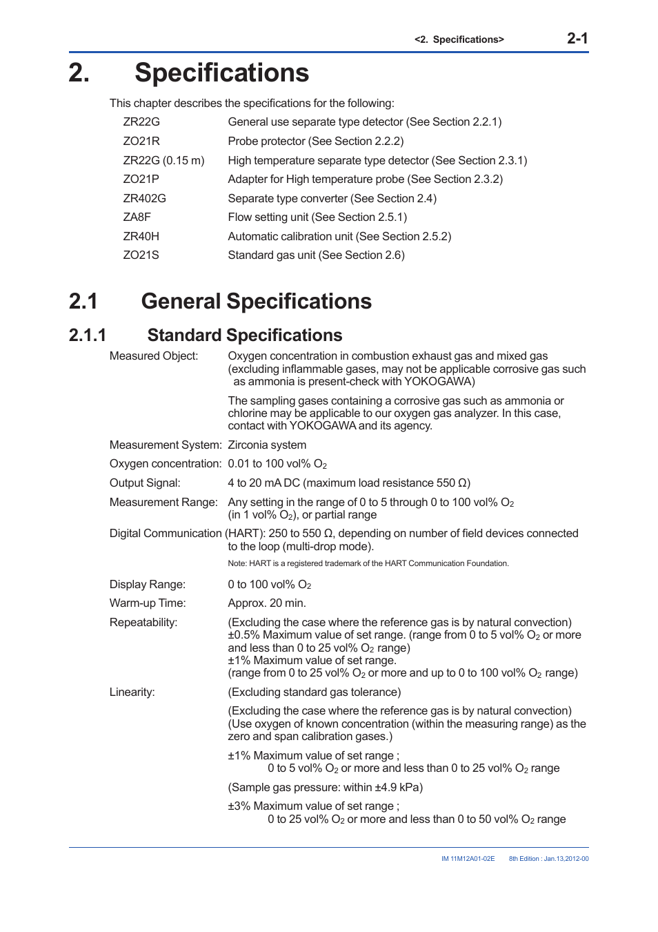 Specifications, 1 general specifications, 1 standard specifications | Specifications -1, General specifications -1 2.1.1, Standard specifications -1 | Yokogawa Integral Oxygen Analyzer ZR202 User Manual | Page 19 / 190