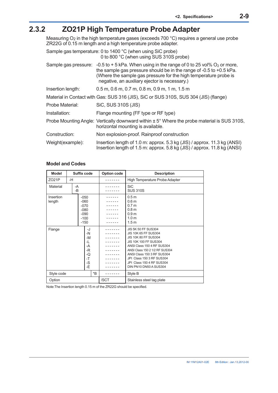 2 zo21p high temperature probe adapter, Zo21p high temperature probe adapter -9 | Yokogawa Integral Oxygen Analyzer ZR202 User Manual | Page 27 / 190