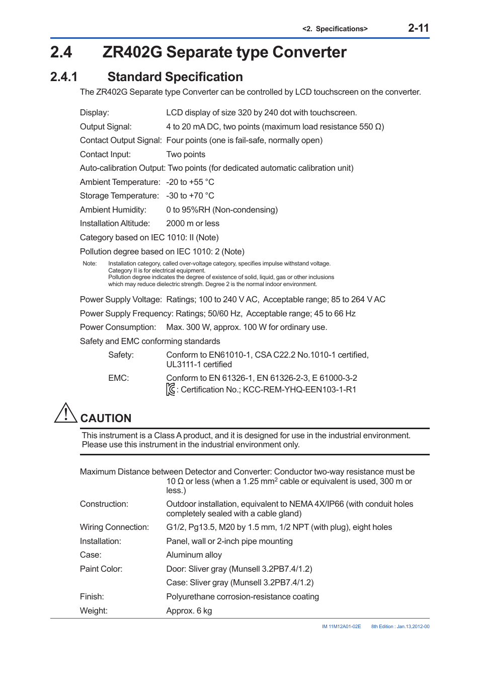 4 zr402g separate type converter, 1 standard specification, Zr402g separate type converter -11 2.4.1 | Standard specification -11, Caution | Yokogawa Integral Oxygen Analyzer ZR202 User Manual | Page 29 / 190