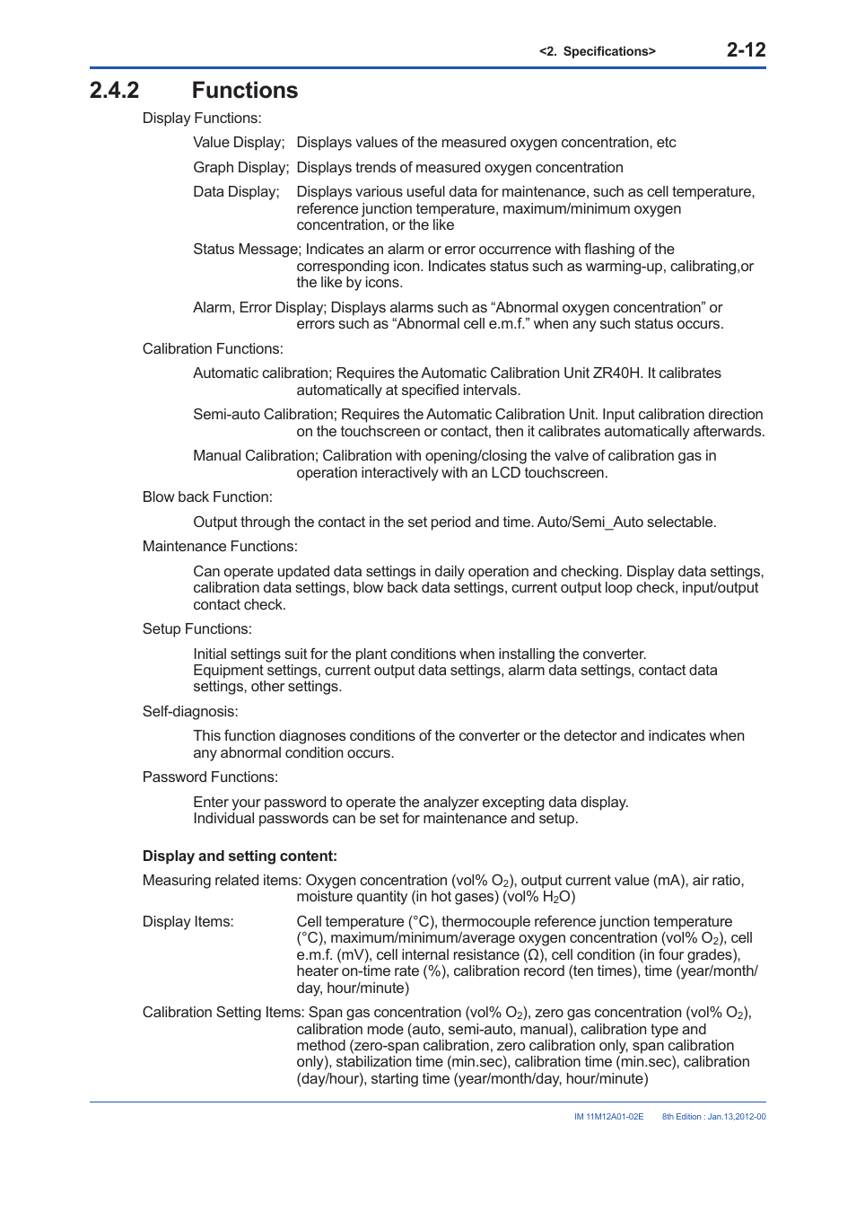 2 functions, Functions -12 | Yokogawa Integral Oxygen Analyzer ZR202 User Manual | Page 30 / 190