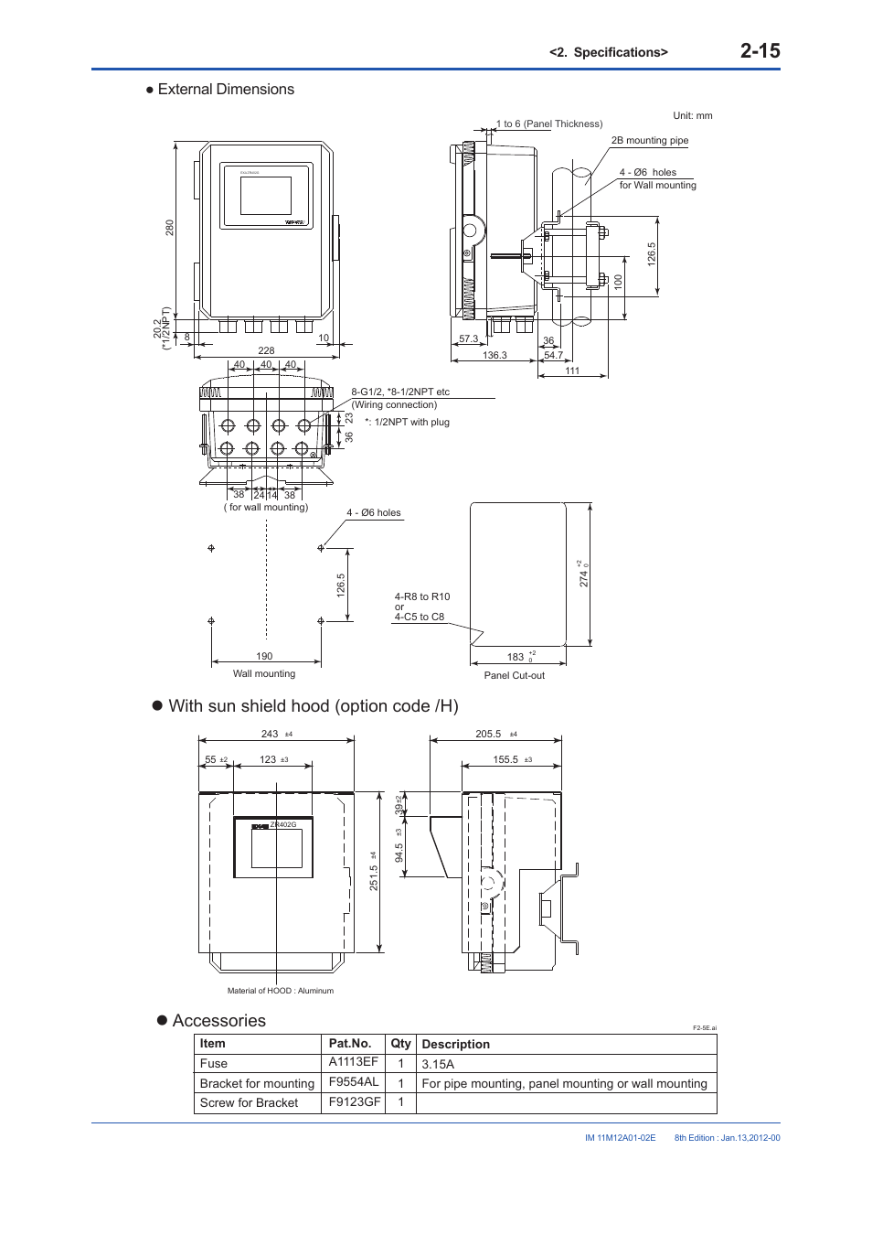 With sun shield hood (option code /h), Accessories, External dimensions | Specifications | Yokogawa Integral Oxygen Analyzer ZR202 User Manual | Page 33 / 190