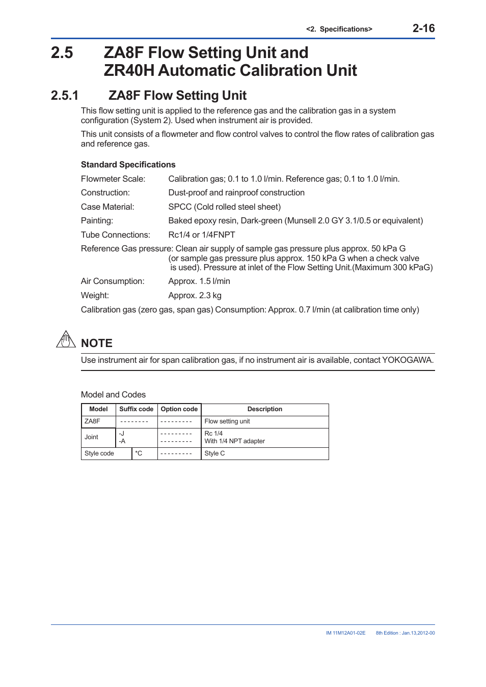1 za8f flow setting unit, Za8f flow setting unit -16 | Yokogawa Integral Oxygen Analyzer ZR202 User Manual | Page 34 / 190