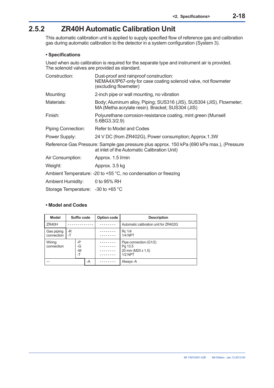2 zr40h automatic calibration unit, Zr40h automatic calibration unit -18 | Yokogawa Integral Oxygen Analyzer ZR202 User Manual | Page 36 / 190