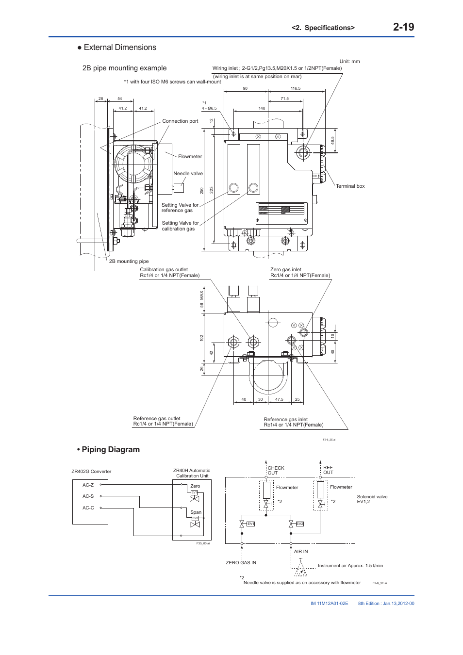 External dimensions, Piping diagram, Specifications | 2b pipe mounting example | Yokogawa Integral Oxygen Analyzer ZR202 User Manual | Page 37 / 190