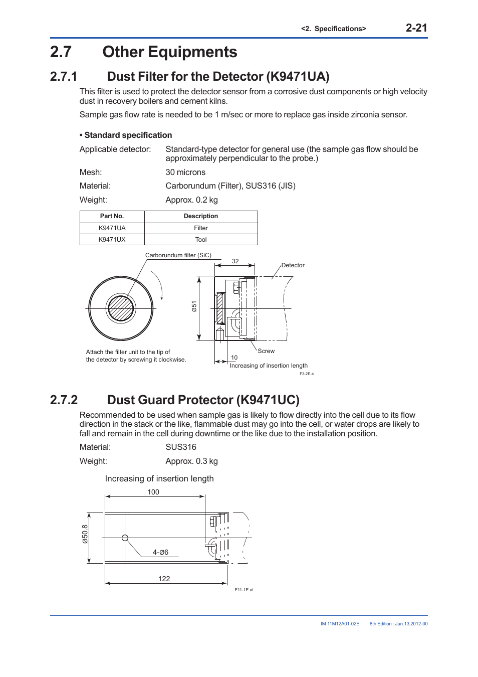 7 other equipments, 1 dust filter for the detector (k9471ua), 2 dust guard protector (k9471uc) | Other equipments -21 2.7.1, Dust filter for the detector (k9471ua) -21, Dust guard protector (k9471uc) -21 | Yokogawa Integral Oxygen Analyzer ZR202 User Manual | Page 39 / 190