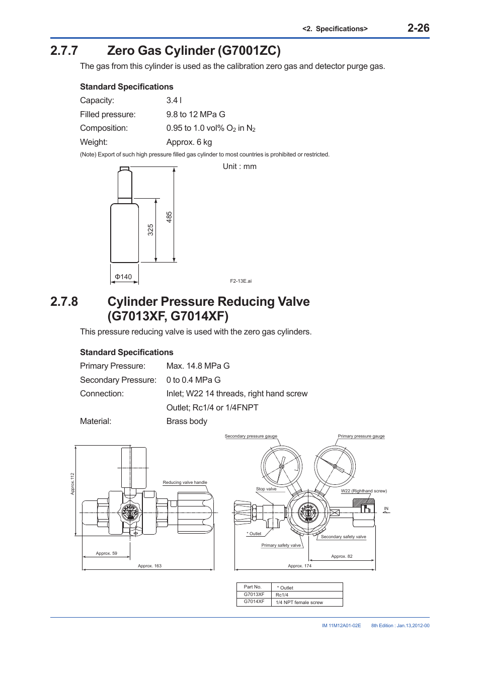 7 zero gas cylinder (g7001zc), Zero gas cylinder (g7001zc) -26 | Yokogawa Integral Oxygen Analyzer ZR202 User Manual | Page 44 / 190