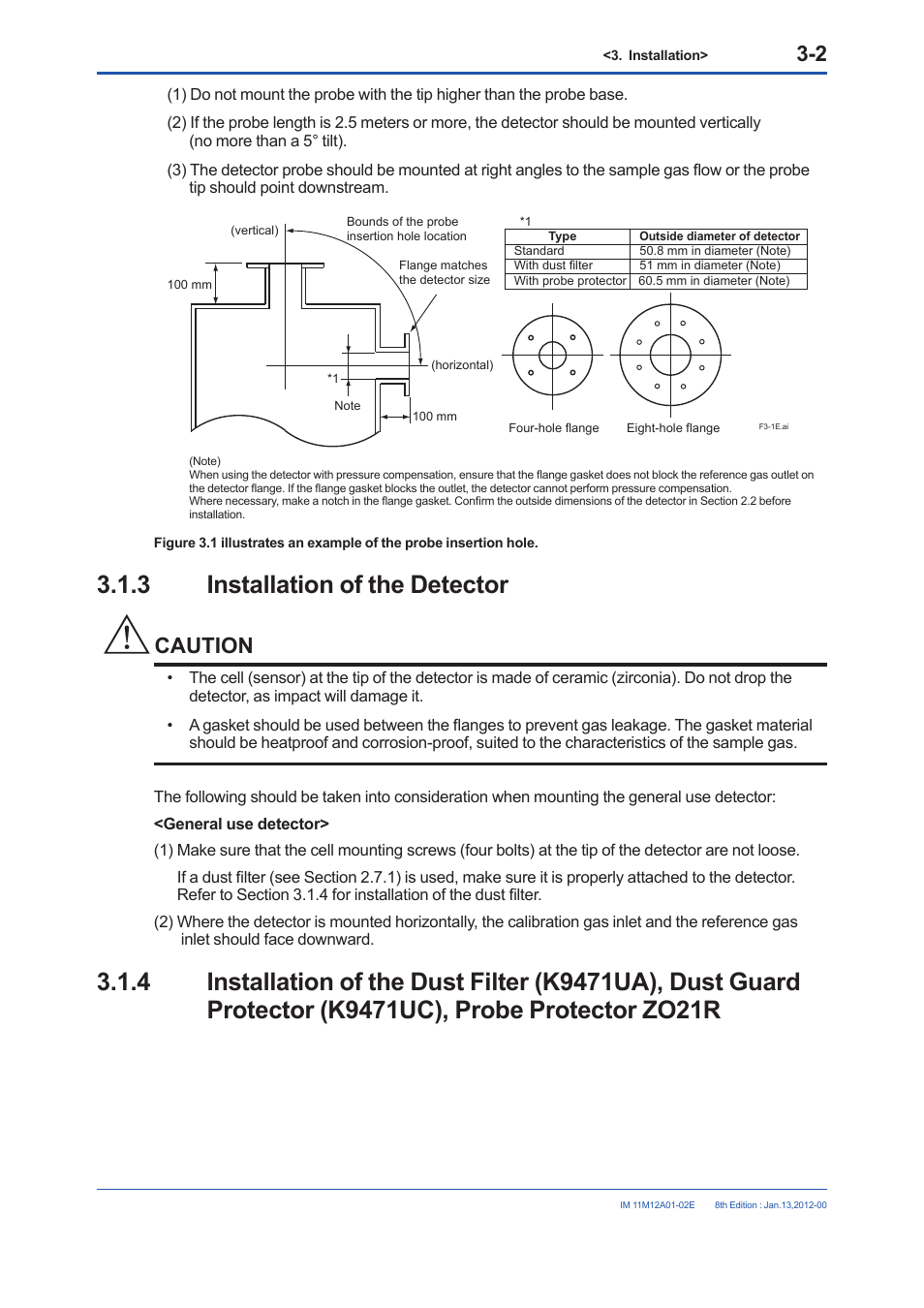 3 installation of the detector, Installation of the detector -2, K9471uc), probe protector zo21r -2 | Caution | Yokogawa Integral Oxygen Analyzer ZR202 User Manual | Page 48 / 190