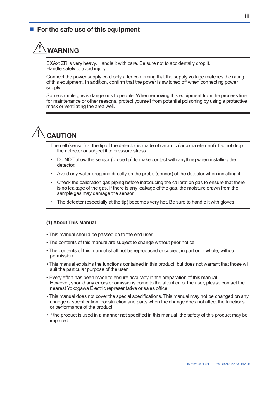 Nfor the safe use of this equipment warning, Caution | Yokogawa Integral Oxygen Analyzer ZR202 User Manual | Page 5 / 190