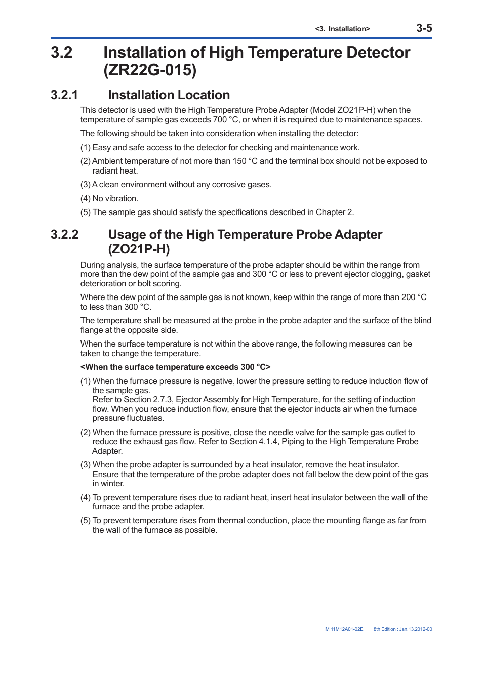 1 installation location, Installation of high temperature detector, Zr22g-015) -5 3.2.1 | Installation location -5 | Yokogawa Integral Oxygen Analyzer ZR202 User Manual | Page 51 / 190