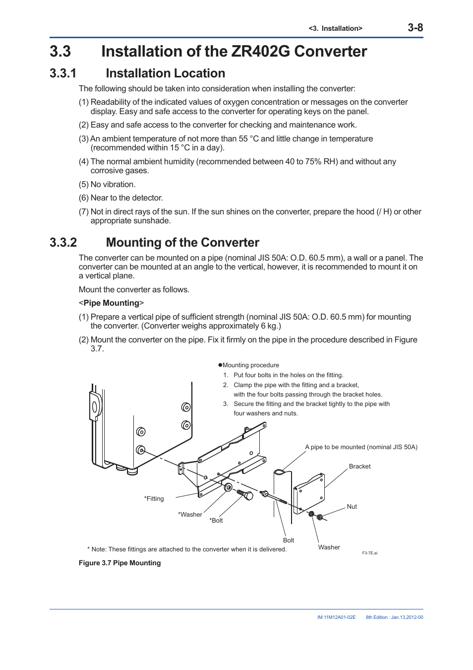 3 installation of the zr402g converter, 1 installation location, 2 mounting of the converter | Installation of the zr402g converter -8 3.3.1, Installation location -8, Mounting of the converter -8 | Yokogawa Integral Oxygen Analyzer ZR202 User Manual | Page 54 / 190