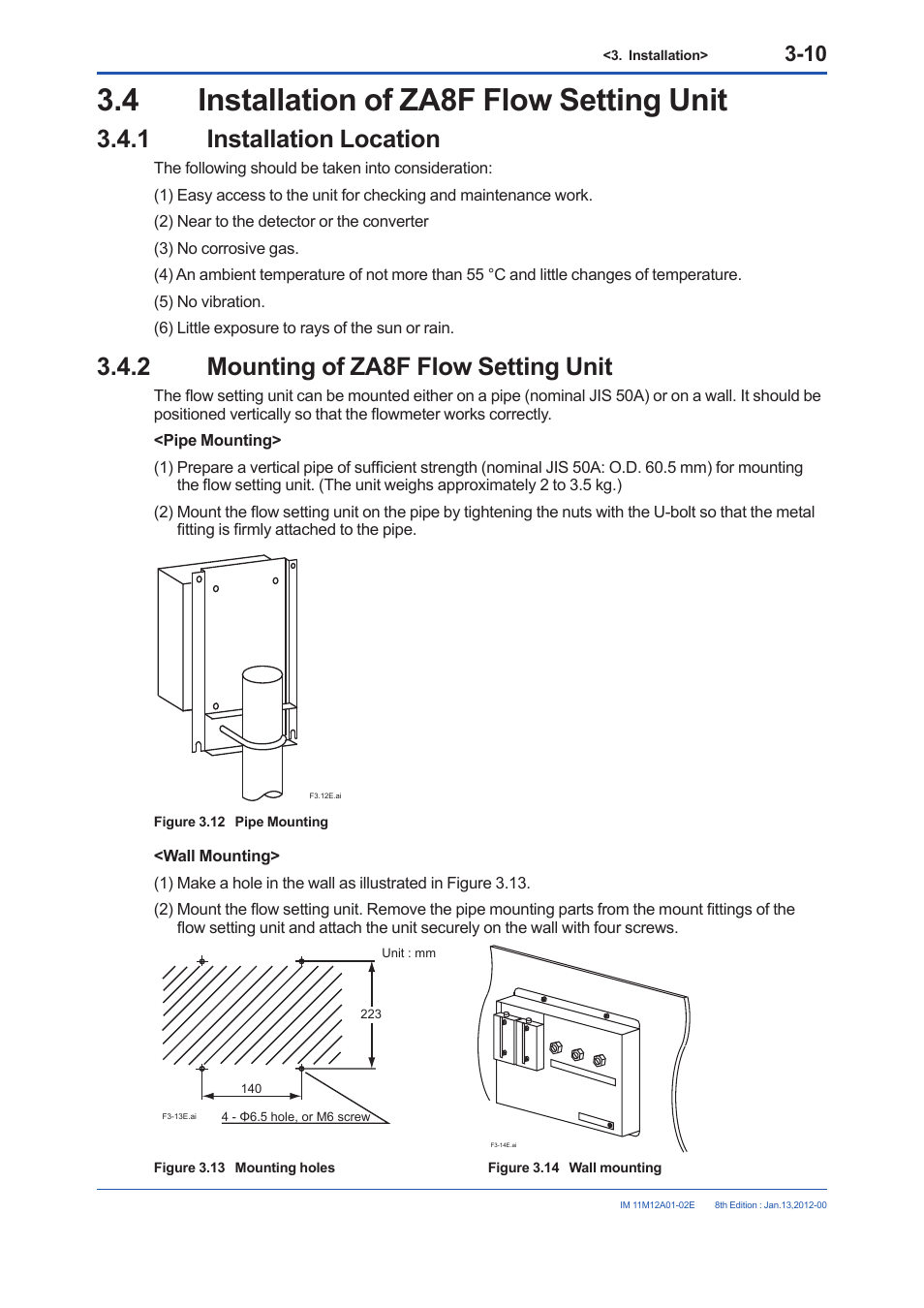 4 installation of za8f flow setting unit, 1 installation location, 2 mounting of za8f flow setting unit | Installation of za8f flow setting unit -10 3.4.1, Installation location -10, Mounting of za8f flow setting unit -10 | Yokogawa Integral Oxygen Analyzer ZR202 User Manual | Page 56 / 190