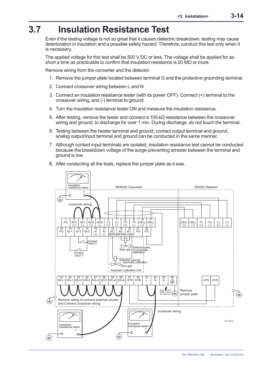 7 insulation resistance test, Insulation resistance test -14, Installation | Yokogawa Integral Oxygen Analyzer ZR202 User Manual | Page 60 / 190