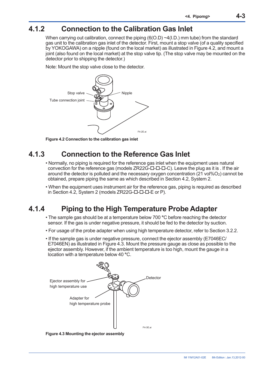 2 connection to the calibration gas inlet, 3 connection to the reference gas inlet, 4 piping to the high temperature probe adapter | Connection to the calibration gas inlet -3, Connection to the reference gas inlet -3, Piping to the high temperature probe adapter -3 | Yokogawa Integral Oxygen Analyzer ZR202 User Manual | Page 63 / 190