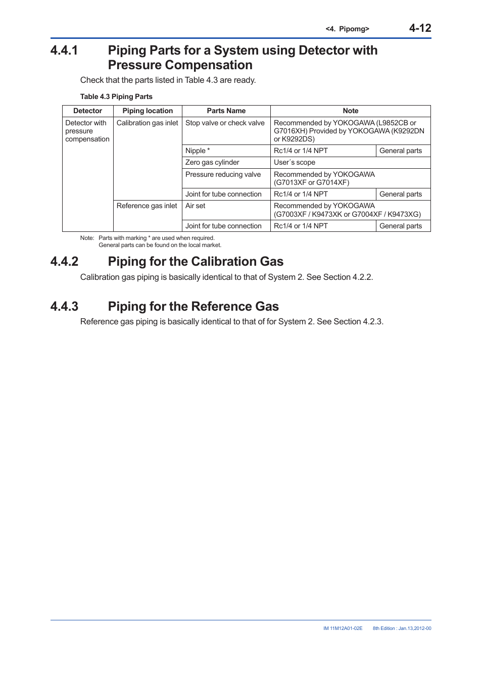 2 piping for the calibration gas, 3 piping for the reference gas, Piping parts for a system using detector with | Pressure compensation -12, Piping for the calibration gas -12, Piping for the reference gas -12 | Yokogawa Integral Oxygen Analyzer ZR202 User Manual | Page 72 / 190