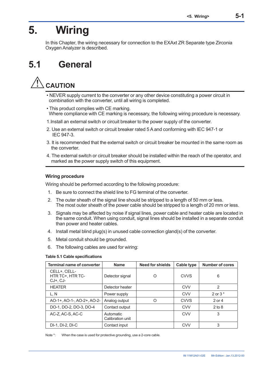 Wiring, 1 general, Wiring -1 | General -1, Caution | Yokogawa Integral Oxygen Analyzer ZR202 User Manual | Page 73 / 190