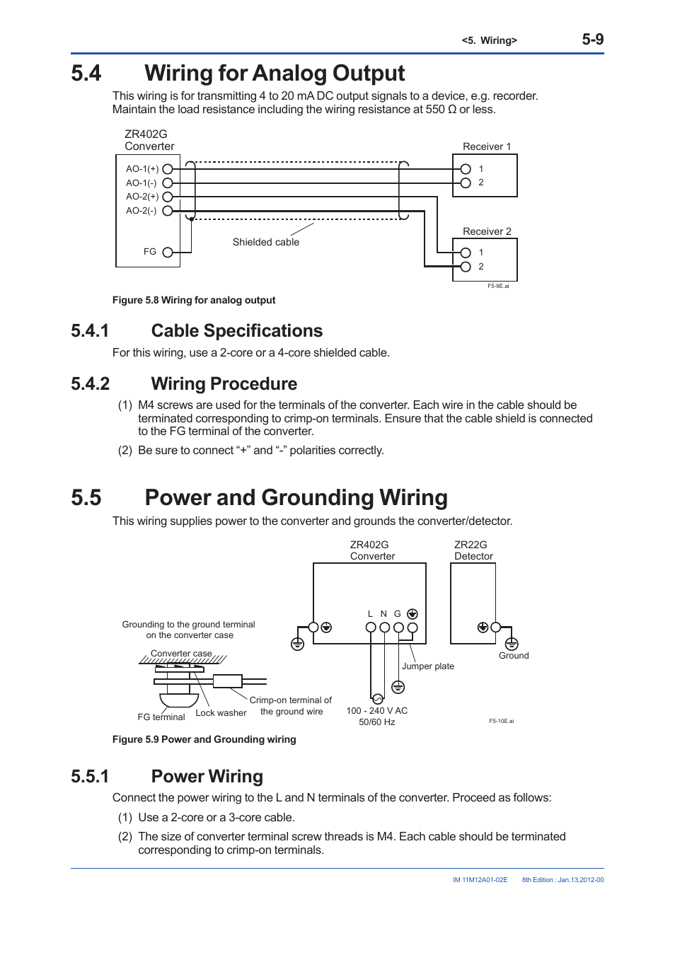4 wiring for analog output, 1 cable specifications, 2 wiring procedure | 5 power and grounding wiring, 1 power wiring, Wiring for analog output -9 5.4.1, Cable specifications -9, Wiring procedure -9, Power and grounding wiring -9 5.5.1, Power wiring -9 | Yokogawa Integral Oxygen Analyzer ZR202 User Manual | Page 81 / 190