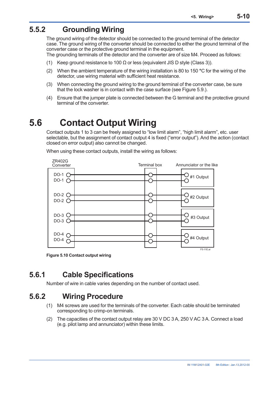 2 grounding wiring, 6 contact output wiring, 1 cable specifications | 2 wiring procedure, Grounding wiring -10, Contact output wiring -10 5.6.1, Cable specifications -10, Wiring procedure -10 | Yokogawa Integral Oxygen Analyzer ZR202 User Manual | Page 82 / 190
